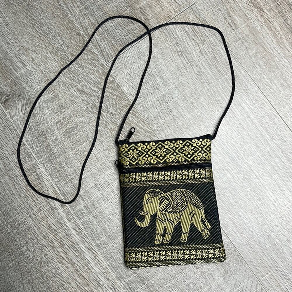 Black & Gold Boho Elephant Embroidered Crossbody Bag